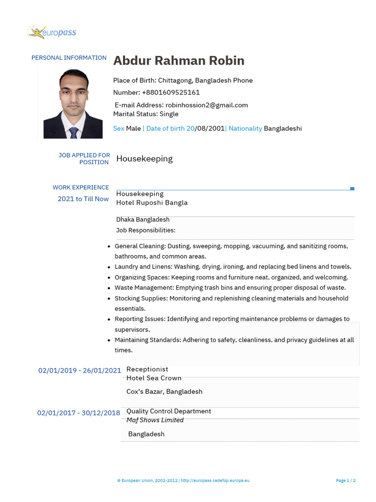 Hotel House Kepping CV PDF | PDF | Housekeeping | Bangladesh