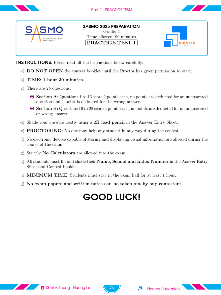SASMO 2025 Grade 2 Practice Test | PDF | Mathematics