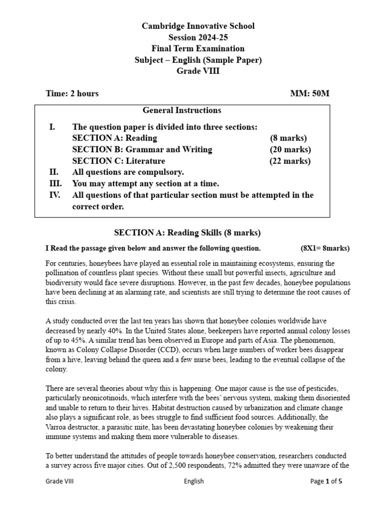 Grade 8 English Final Exam Sample Paper | PDF | Honey Bee | Pollination