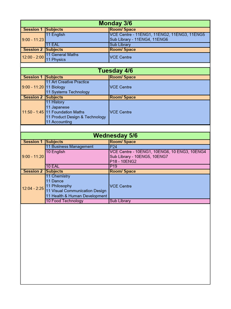 VCE Subject Schedule and Room Allocation | PDF | Mathematics | Science