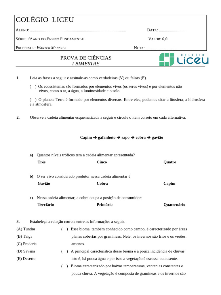 Prova de Ciências 6º Ano - I Bimestre | PDF | Terra | Florestas