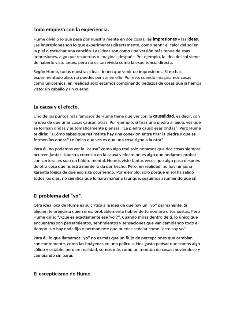 Filosofía de Hume: Experiencia y Escepticismo | PDF | David Hume ...