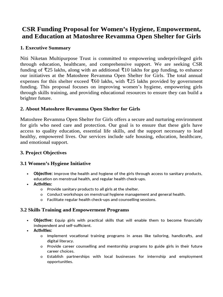 CSR Funding Proposal for Girls' Empowerment | PDF | Corporate Social ...