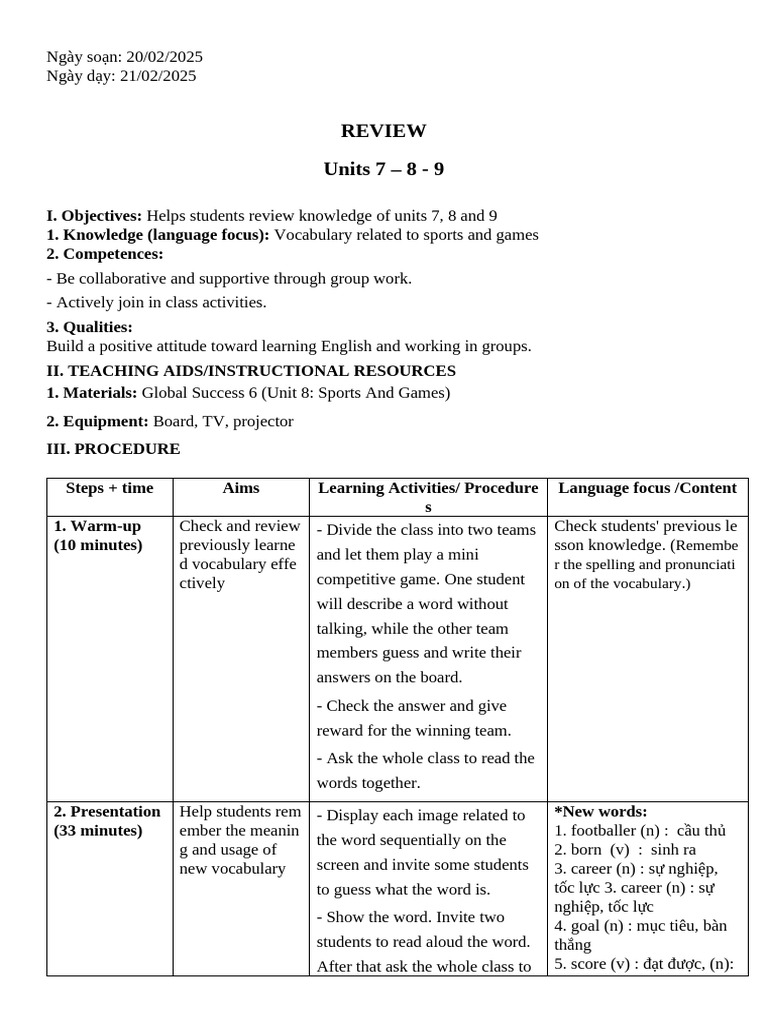 Review of Units 7-9: Sports Vocabulary | PDF | Learning | Human ...
