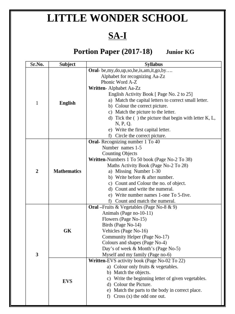 Junior KG Syllabus Overview 2019-20 | PDF