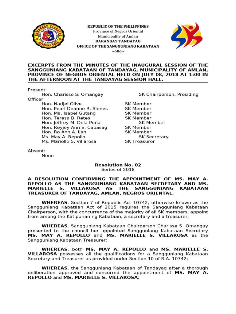 SK Tandayag Appointment Resolution 2018 | PDF | Youth | Youth Organizations