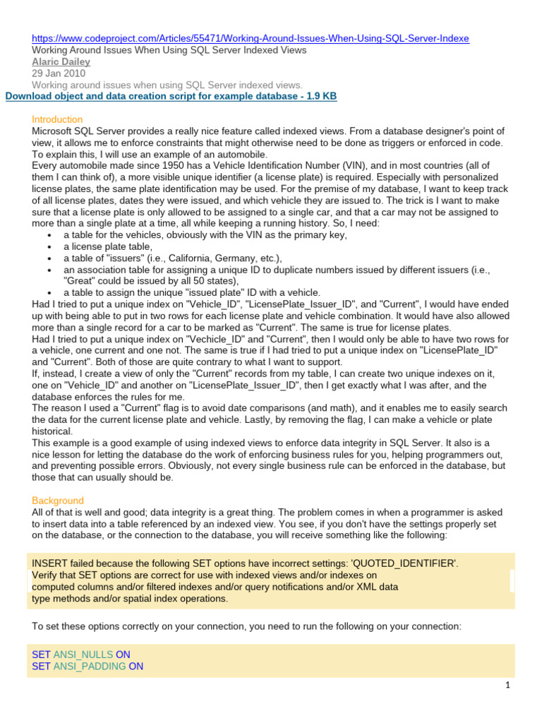 Working Around Issues When Using SQL Server Indexed Views | PDF ...