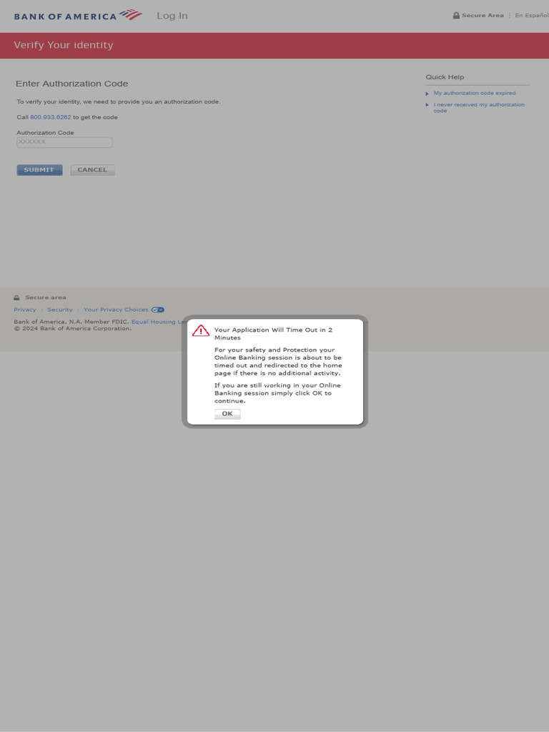 Bank of America Online Banking Authorization Code Request | PDF