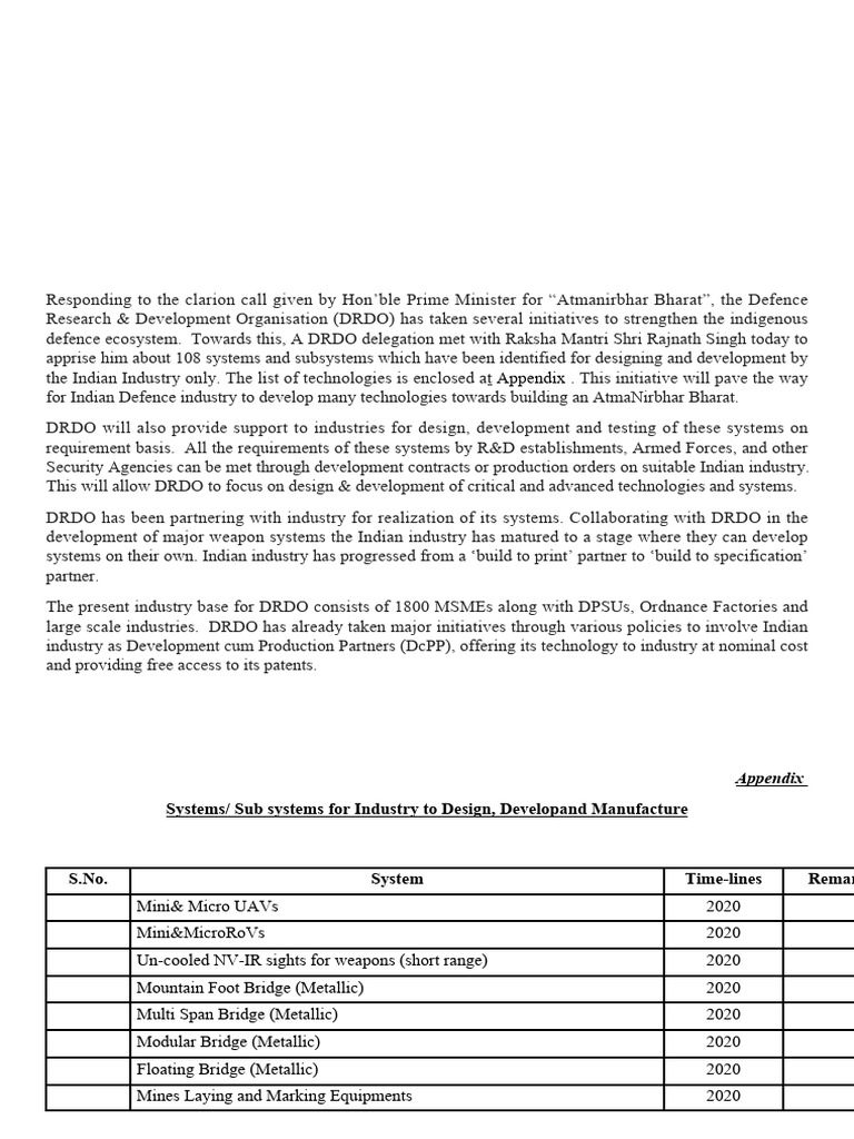 DRDO's 108 Systems for Atmanirbhar Bharat | PDF | Actuator | Telemetry