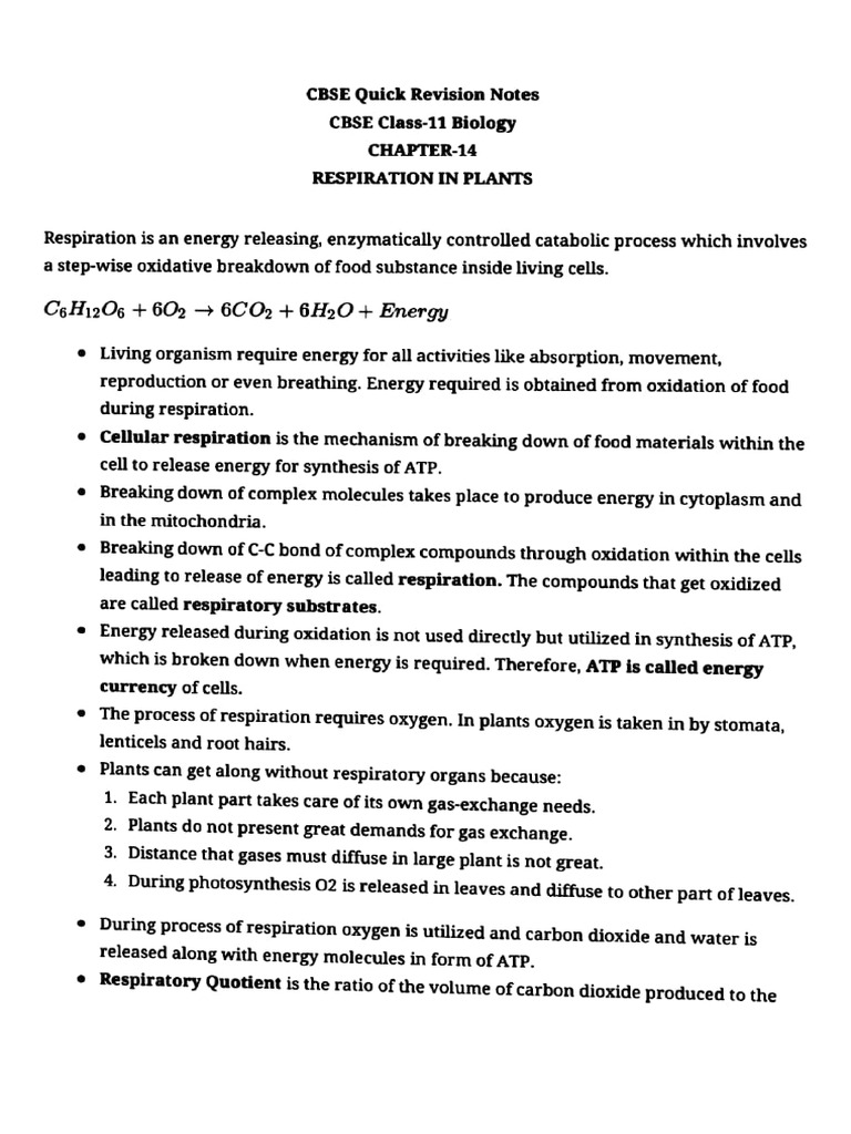 Respiration in Plants Quick Notes For Neet and Las 240317 220730 | PDF