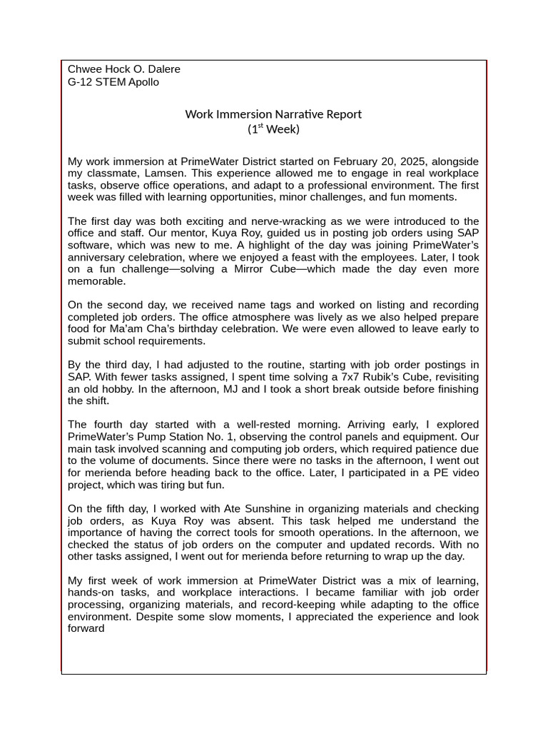 First Week Work Immersion Report at PrimeWater | PDF
