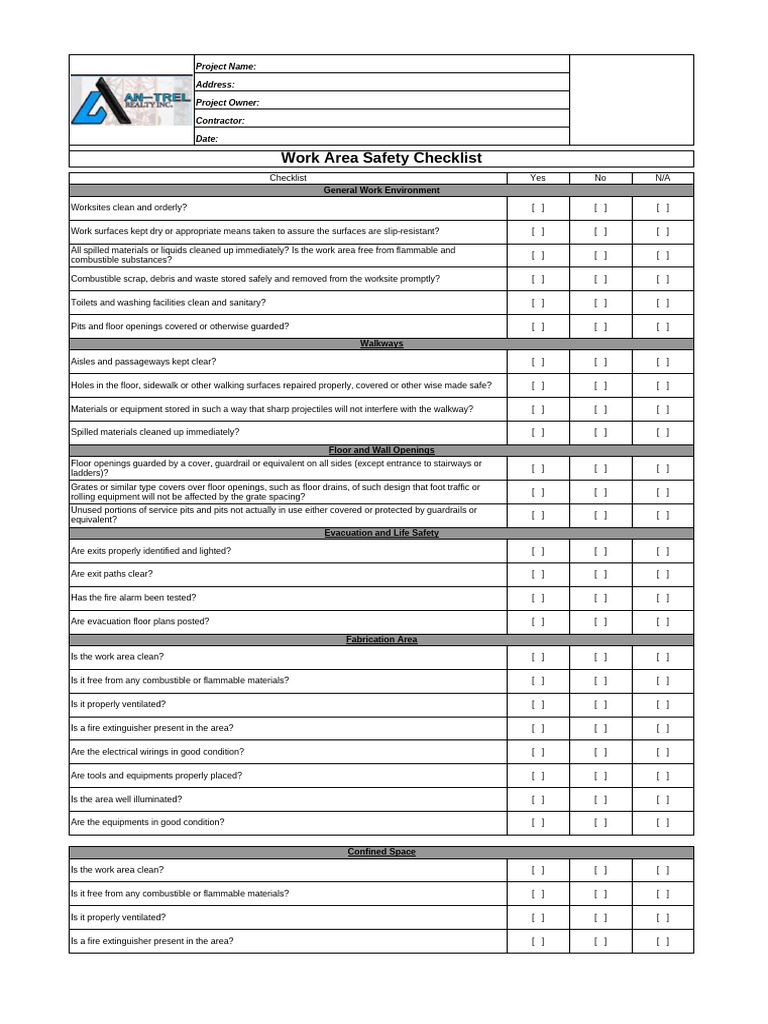 Work Area Safety Checklist | PDF | Fires | Safety