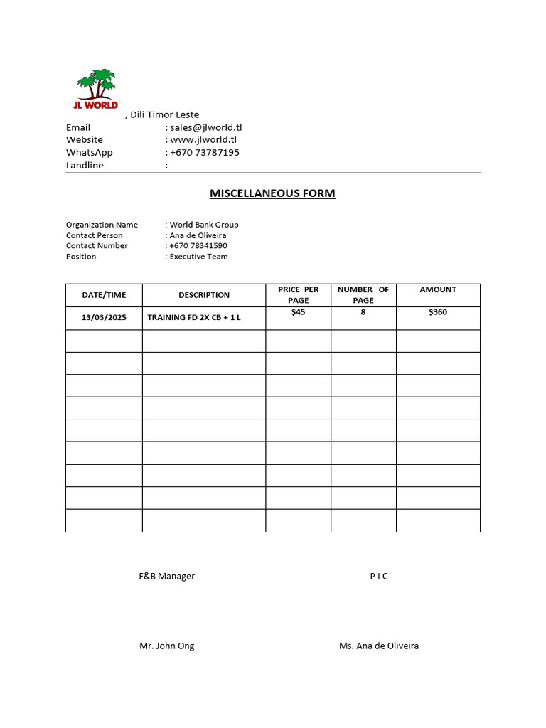 Misceneleous Form - World Bank Company | PDF