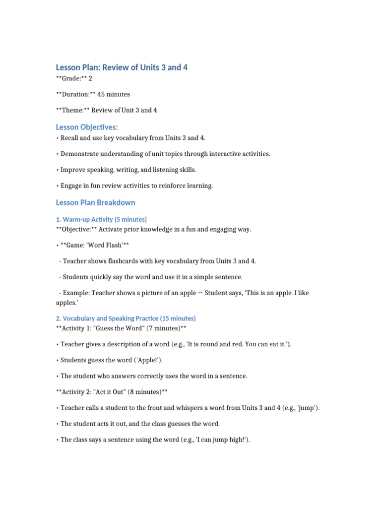 Grade 2 Review Lesson for Units 3 & 4 | PDF | Vocabulary | Lesson Plan