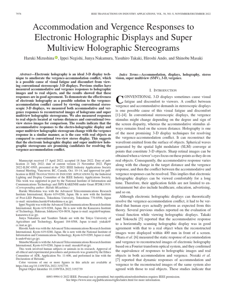 Accommodation and Vergence Responses To Electronic Holographic Displays ...