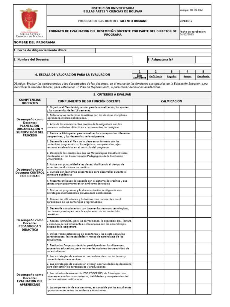 TH FO 022 Formato de Evaluacion de Desempeno Docente.xlsx | PDF ...