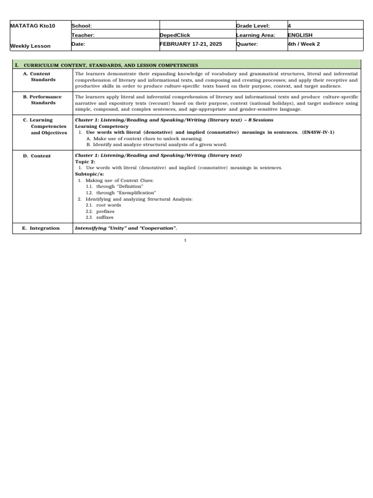 English 4 DLL q4 Week 2 | PDF | Word | Reading Comprehension