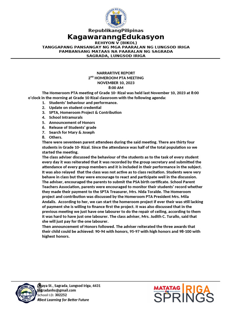 Grade 10 PTA Meeting Report - Nov 2023 | PDF | Educational ...