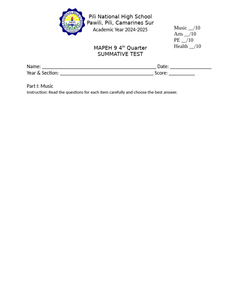 Mapeh 9 Summative Test 2024 2025 Pdf