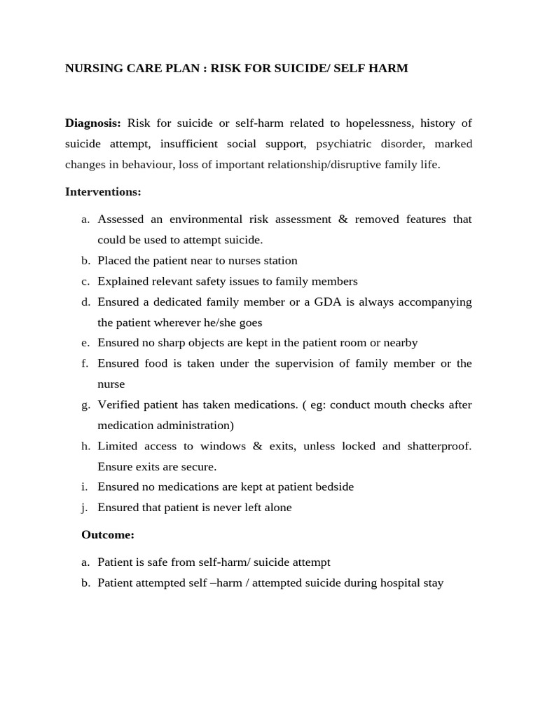 Nursing Care Plan for Suicide Risk | PDF
