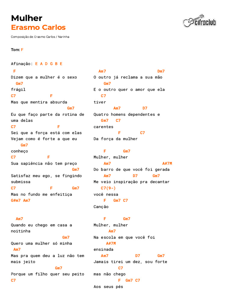 Cifra Club - Erasmo Carlos - Mulher Document | PDF | Música gravada ...