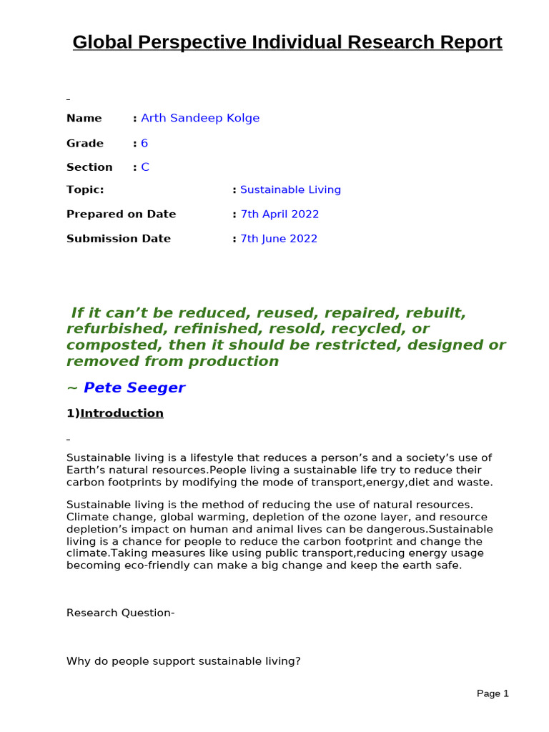 Global Perspective Project-Sustainable Living | PDF | Sustainability ...