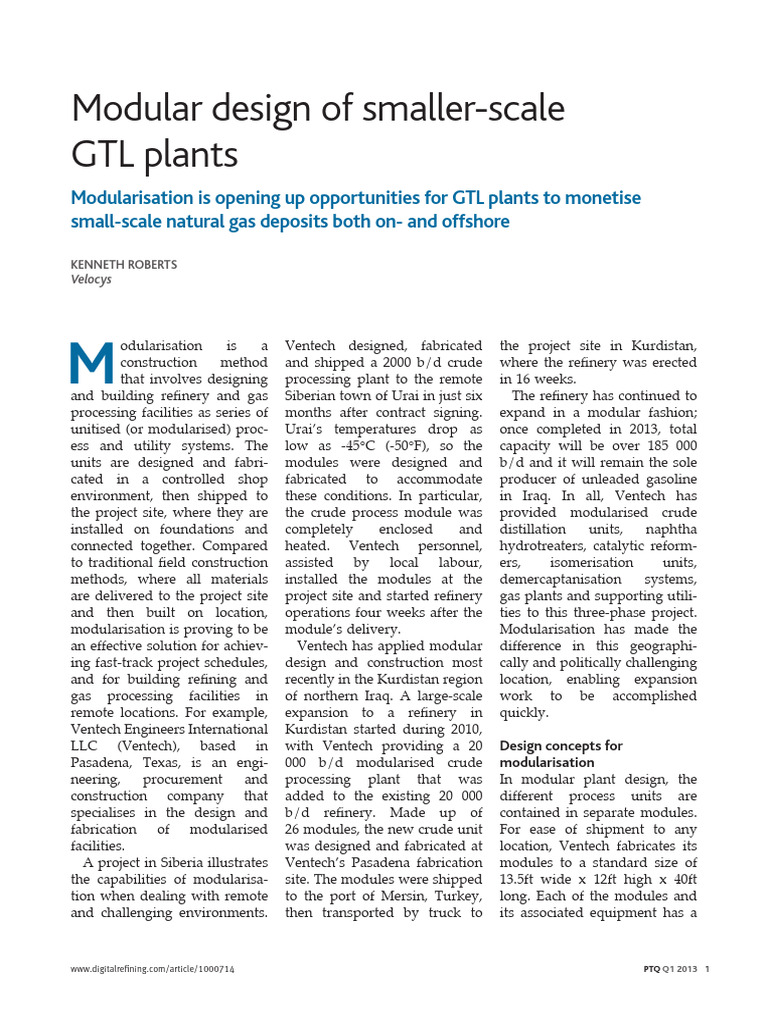 GTL Modular | PDF | Natural Gas | Gas To Liquids
