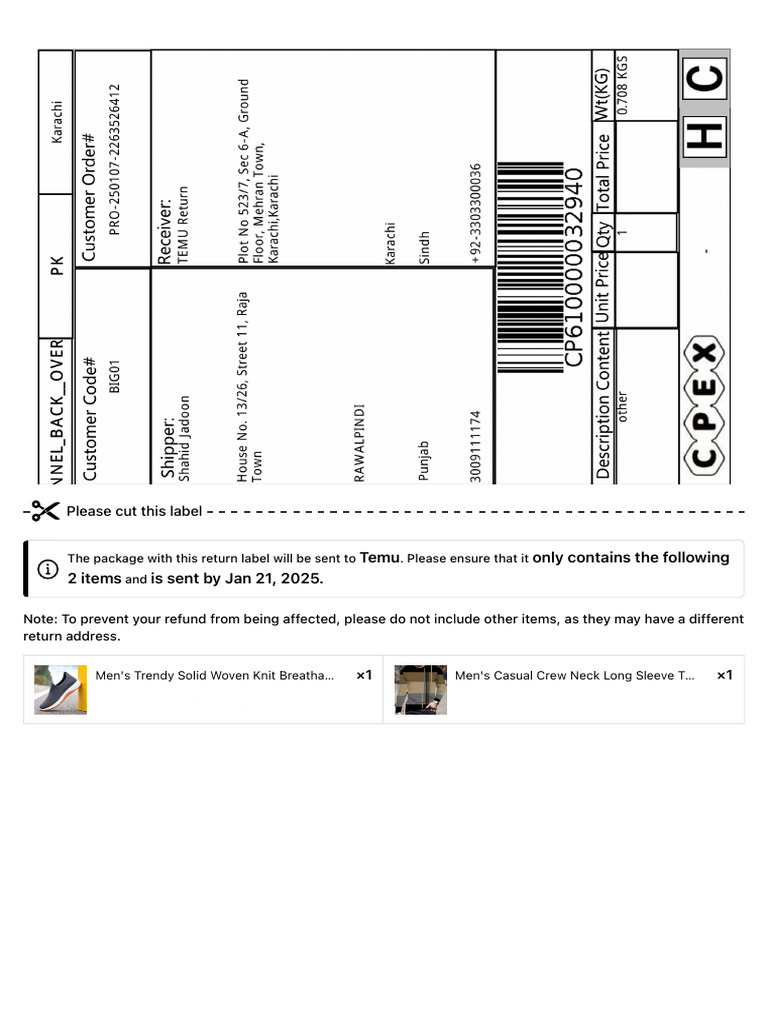 Temu Return Instructions for Two Items | PDF
