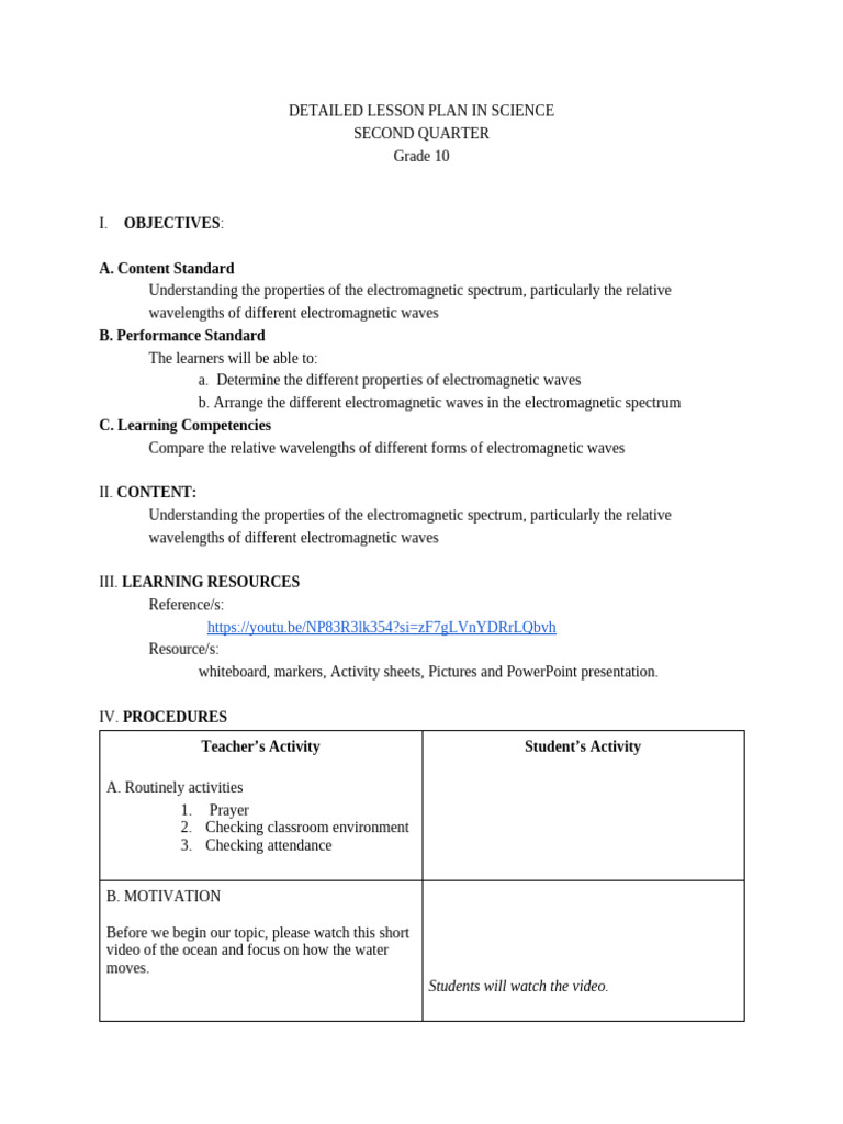 Grade 10 Electromagnetic Spectrum Lesson Plan | PDF | Electromagnetic ...