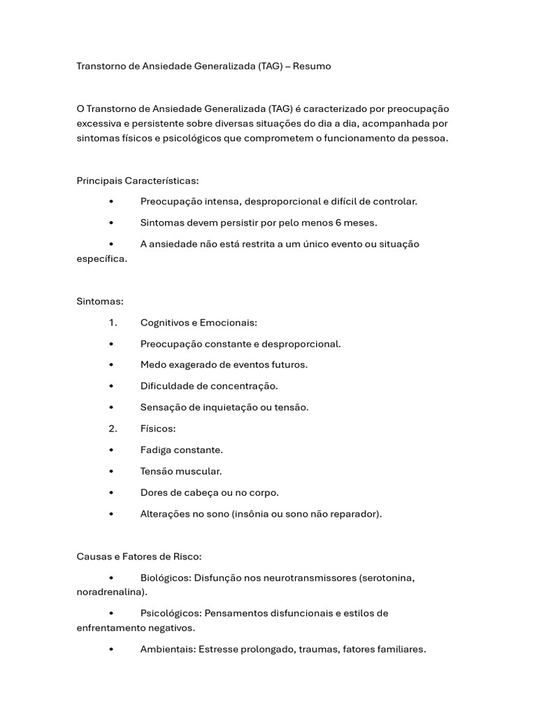 Transtorno de Ansiedade Generalizada: Sintomas e Tratamento | PDF