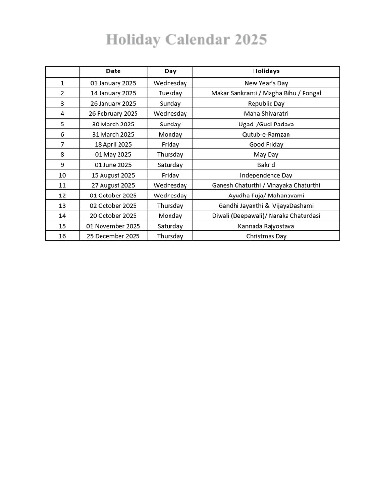 Holiday Calendar | PDF