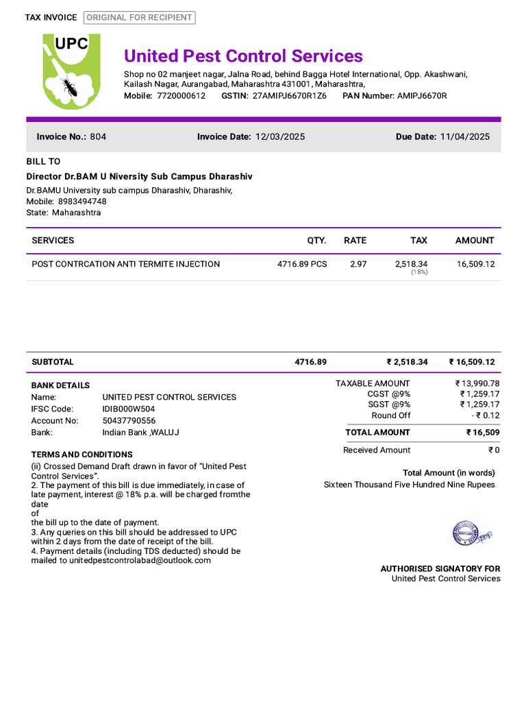 United Pest Control Invoice Details | PDF | Public Finance | Economies