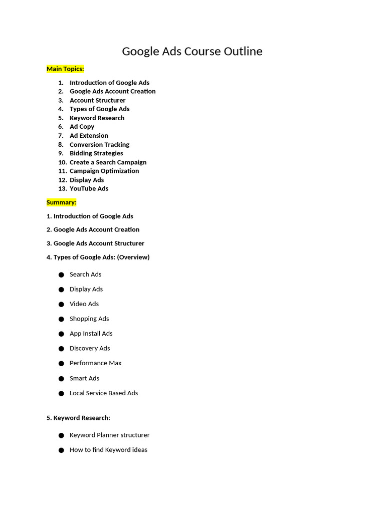 Google Ads Comprehensive Course Outline | PDF