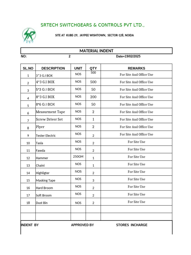 Indent For Site Use Material 02 | PDF