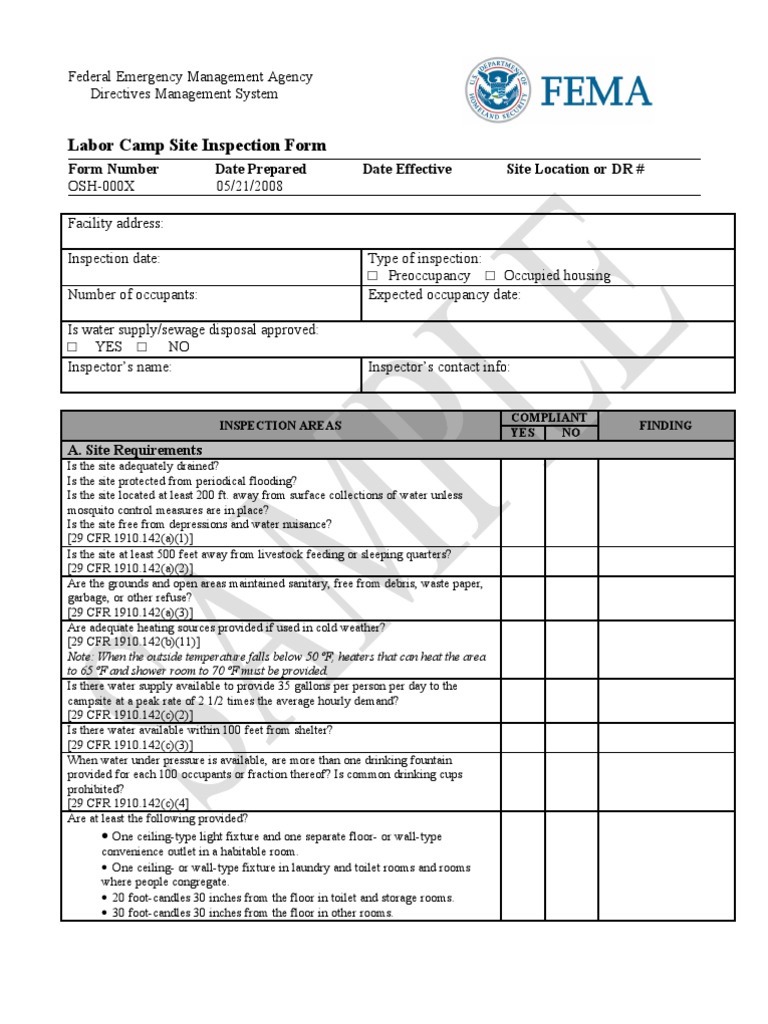 FEMA Labor Camp Inspection Form Toilet Laundry