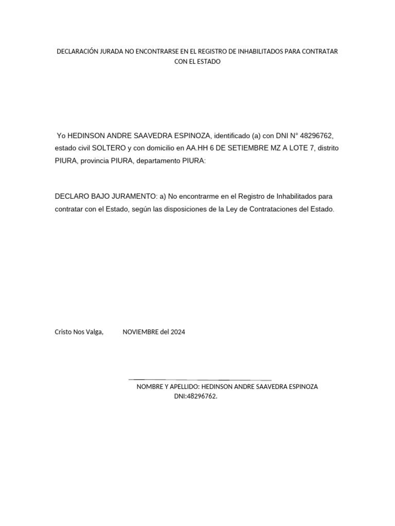 Declaración Jurada No Encontrarse en El Registro de Inhabilitados para ...