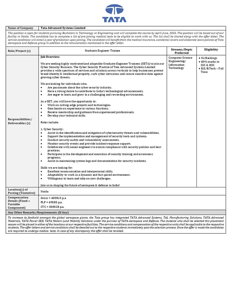 Tata Advanced Systems GET Recruitment 2025 | PDF | Computer Security ...