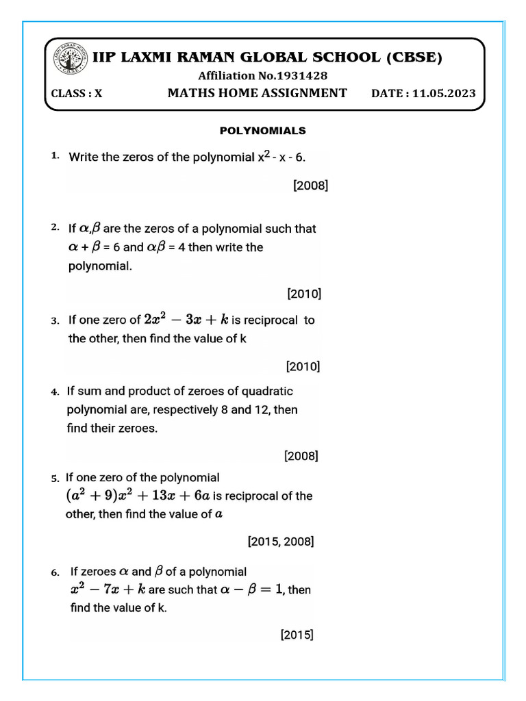 Class X Maths Assignment on Polynomials | PDF