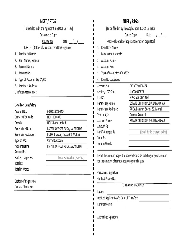 NEFT Form for Fund Transfer | PDF | Banking | Financial Services