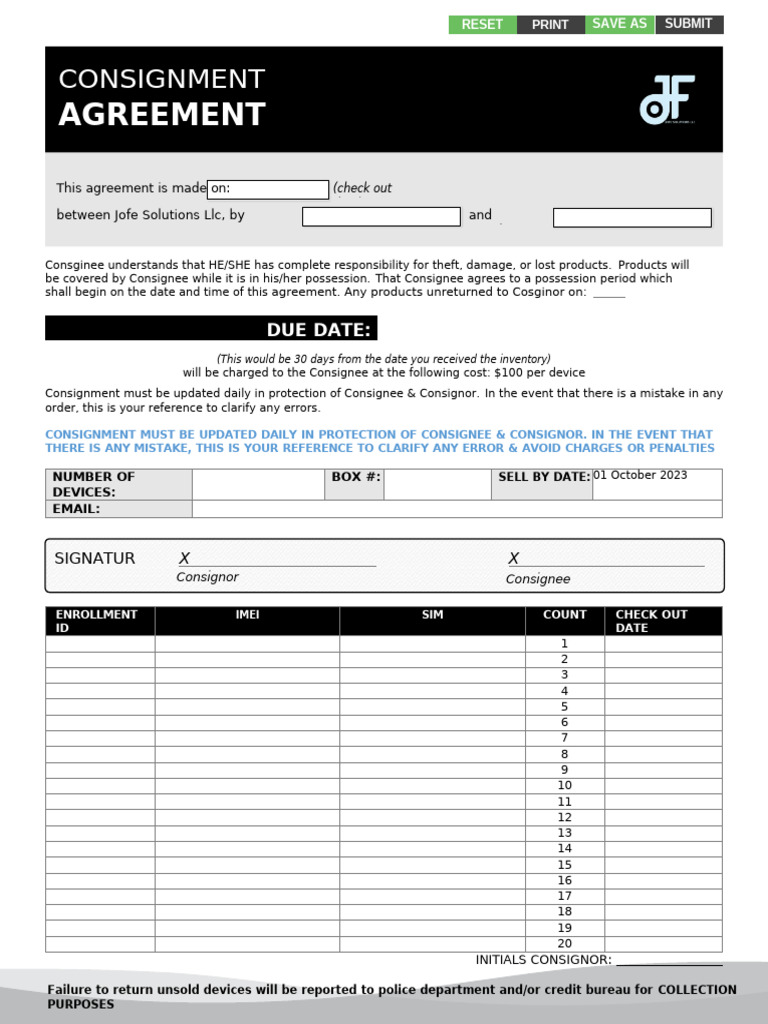Printable Retail Consignment Agreement | PDF