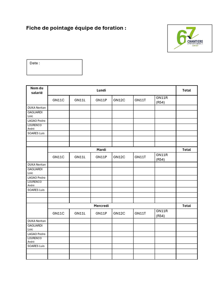 Fiche de pointage pour l'équipe de foration | PDF