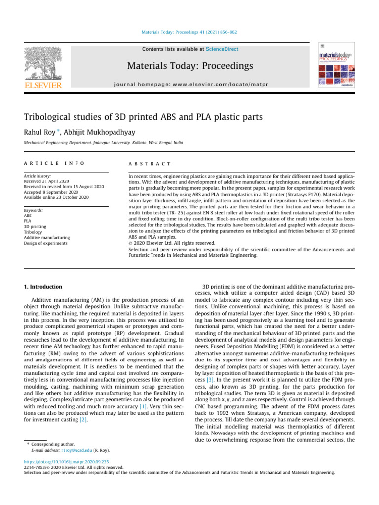 Tribological Analysis of 3D Printed ABS and PLA | PDF | 3 D Printing | Wear