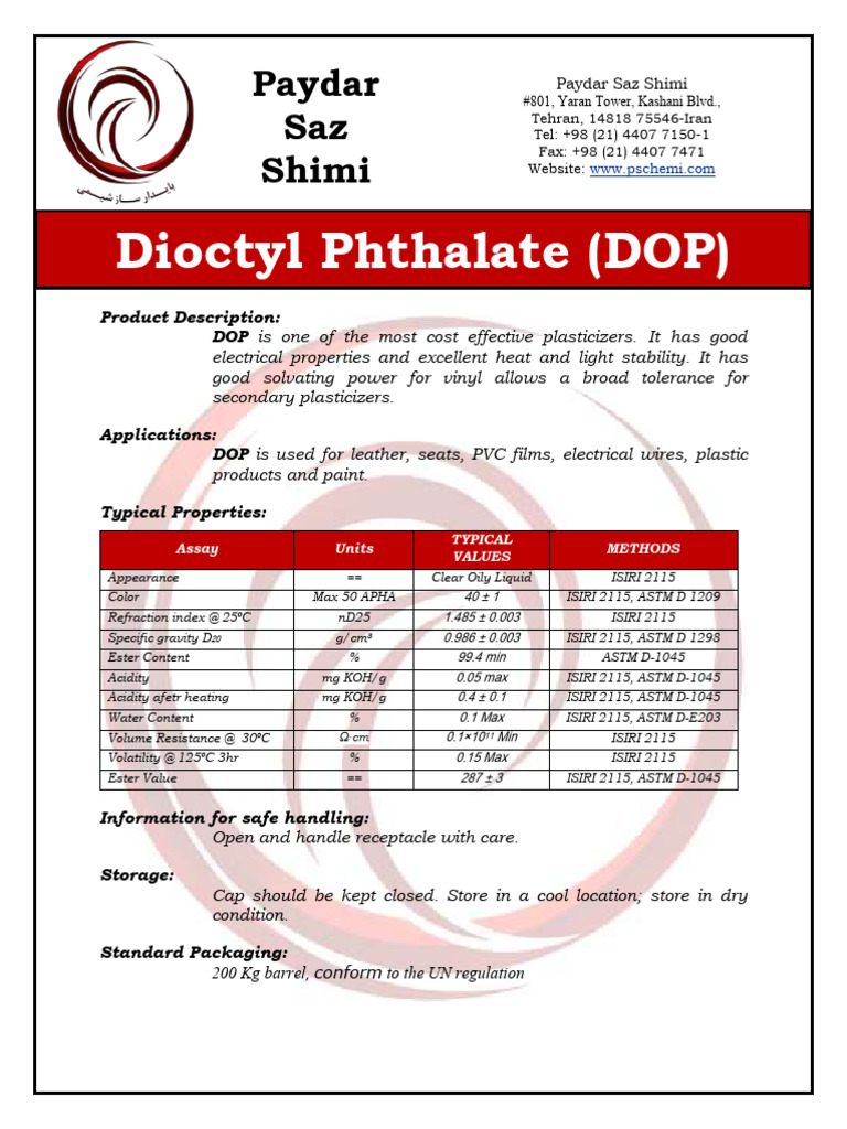 Dioctyl Phthalate (DOP) Product Info | PDF | Polyvinyl Chloride | Materials