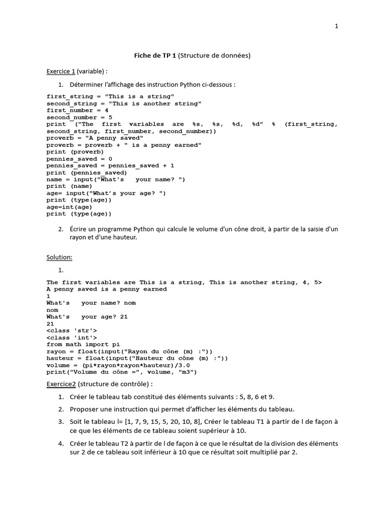 Exercices Python : Structures et Fonctions | PDF | Python (Langage de ...