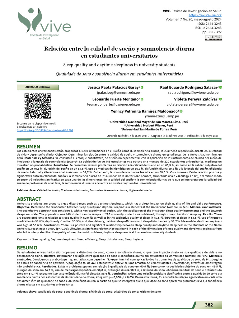 Calidad de sueño y somnolencia en estudiantes | PDF | Enfermedades y ...