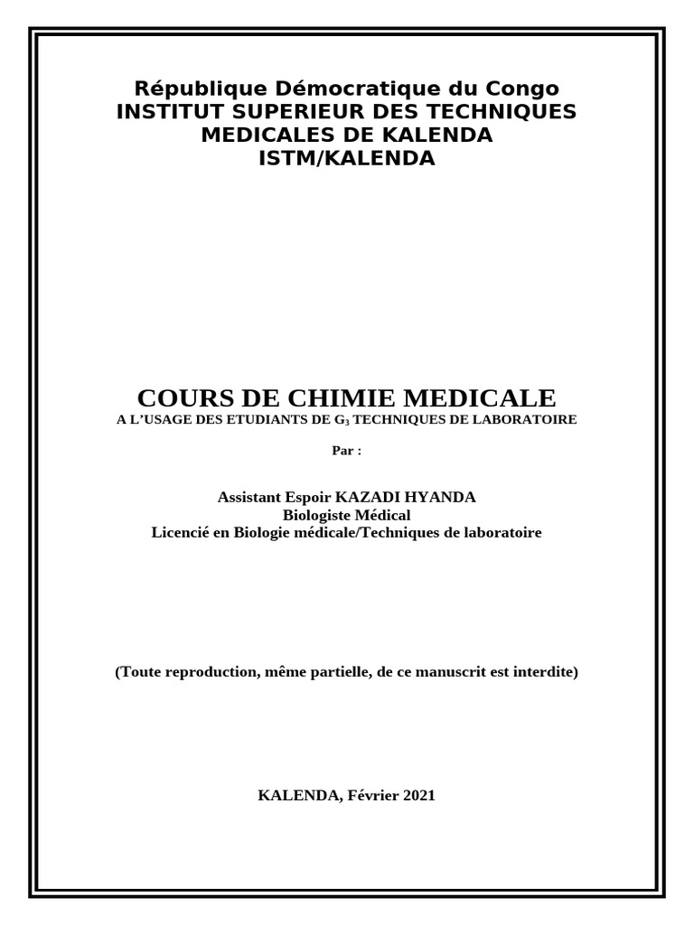 Cours de Chimie Médicale ISTM Kalenda | PDF | Hypoglycémie | Insuline