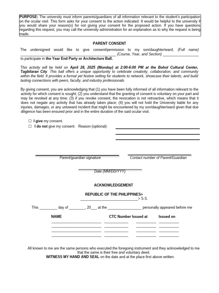 Parent Consent for Year End Party | PDF | Common Law | Justice