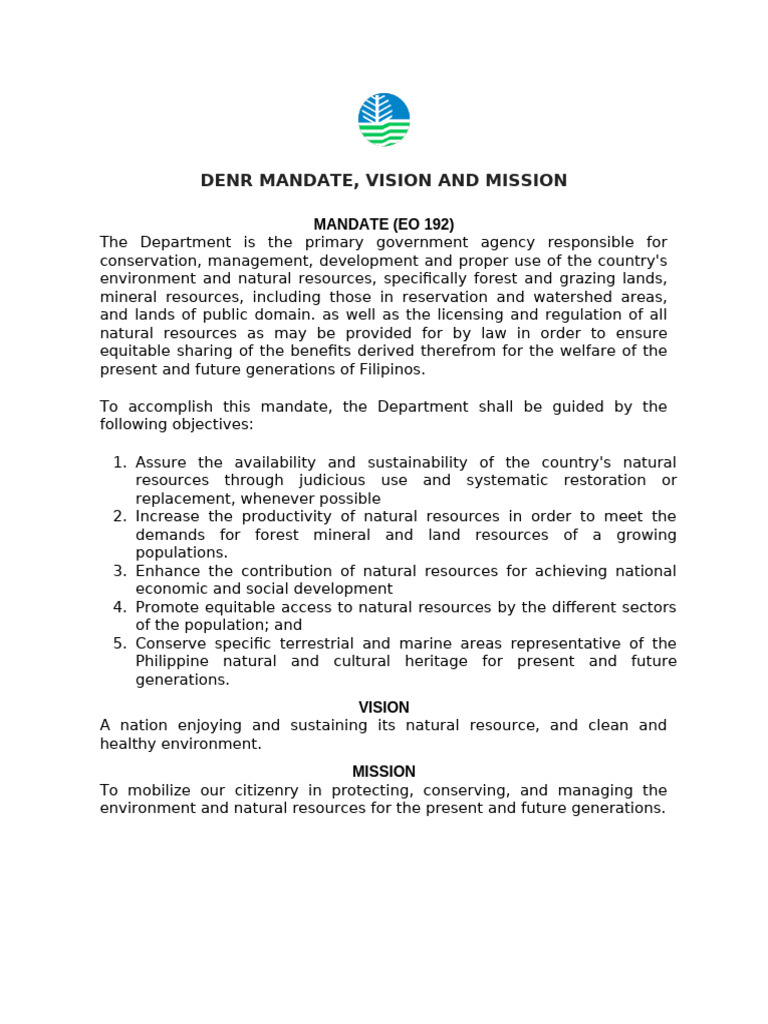 DENR and FMB Mandate, Vision, Mission | PDF | Forest Management | Resource
