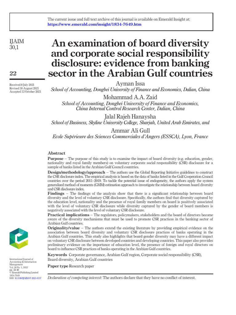 An Examination of Board Diverity and CSR | PDF | Corporate Social ...