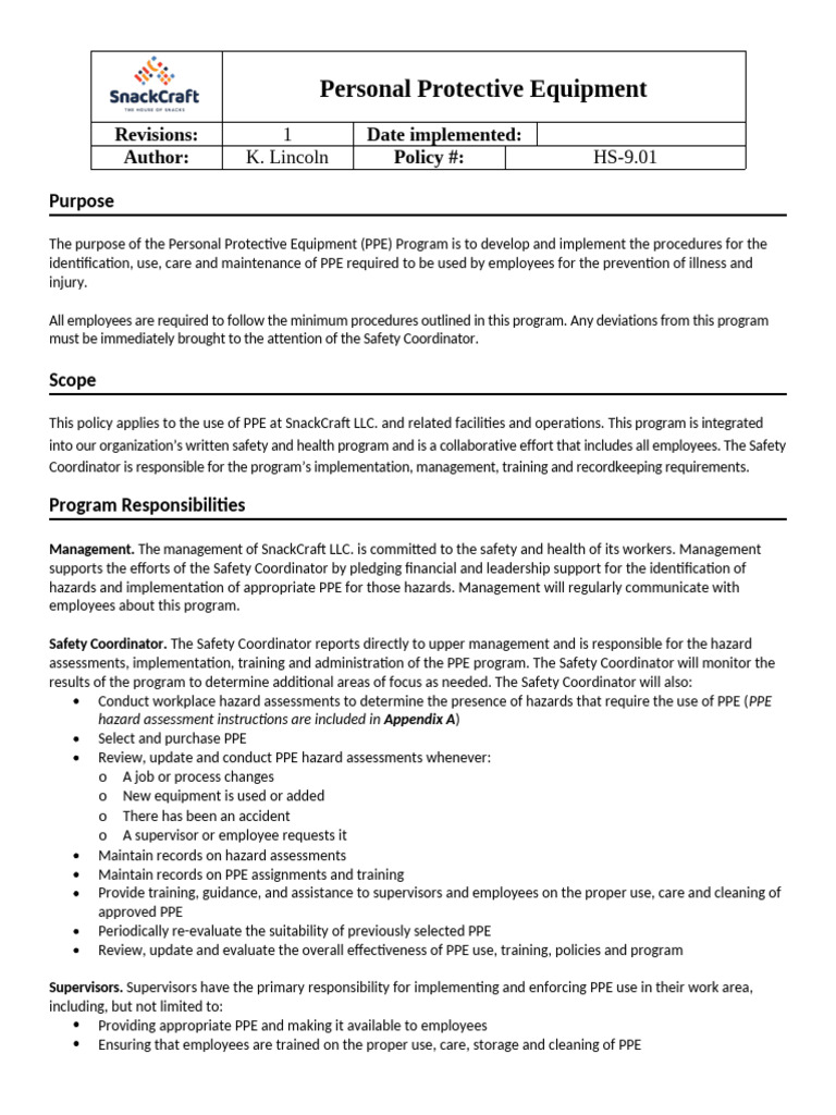 SnackCraft LLC PPE Program Overview | PDF | Personal Protective ...